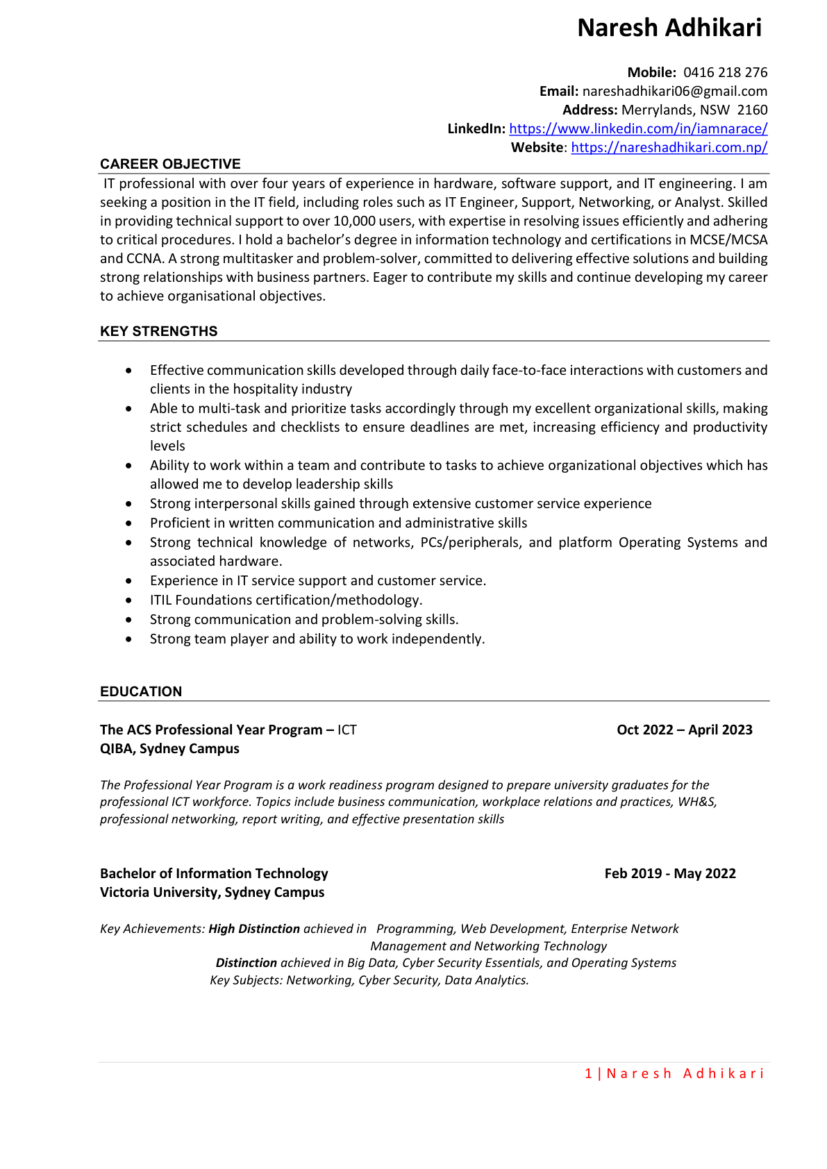 Resume page 1